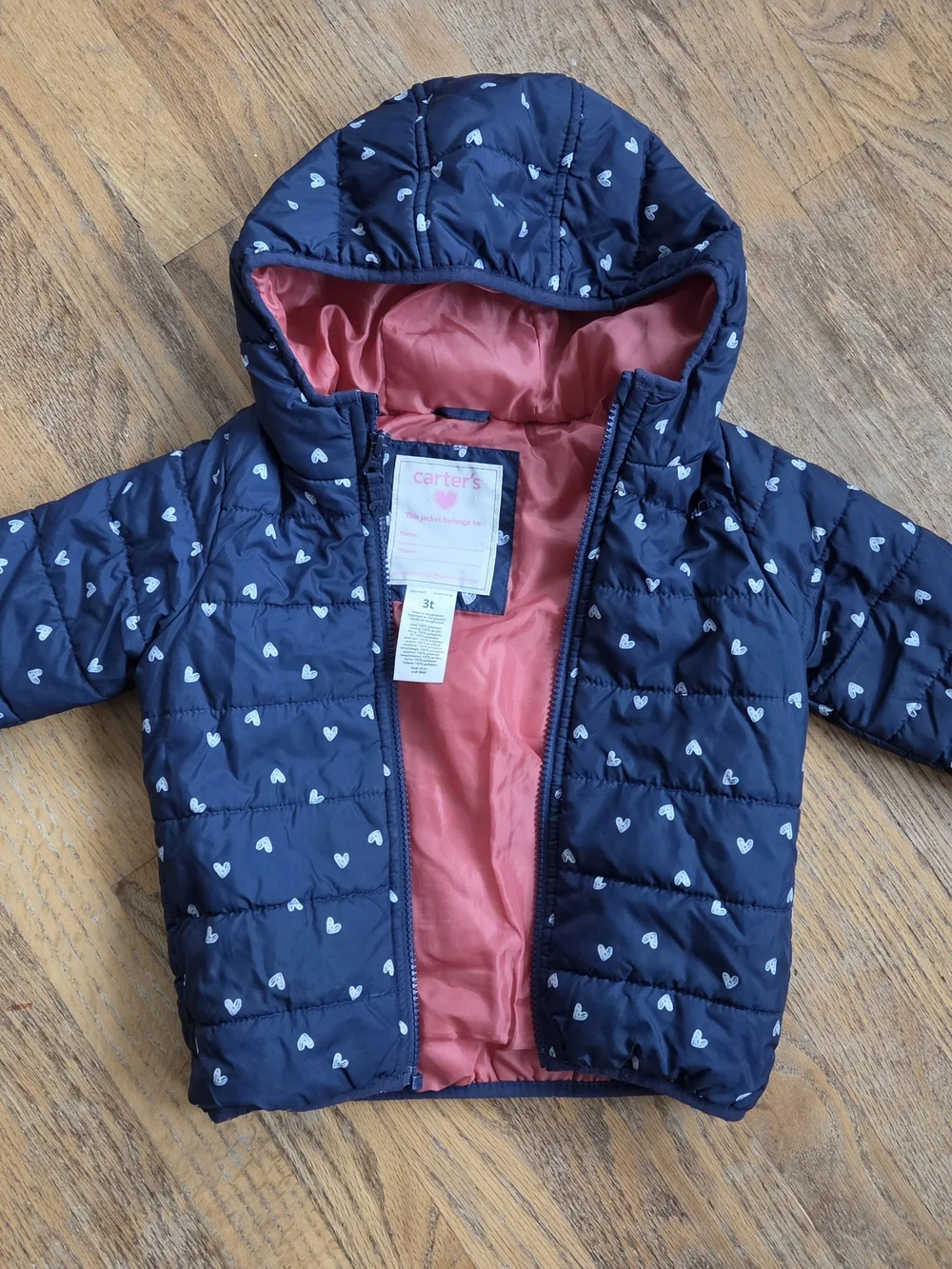 Carter's Navy Puffer Jacket with White Hearts and Pink Interior, 3T